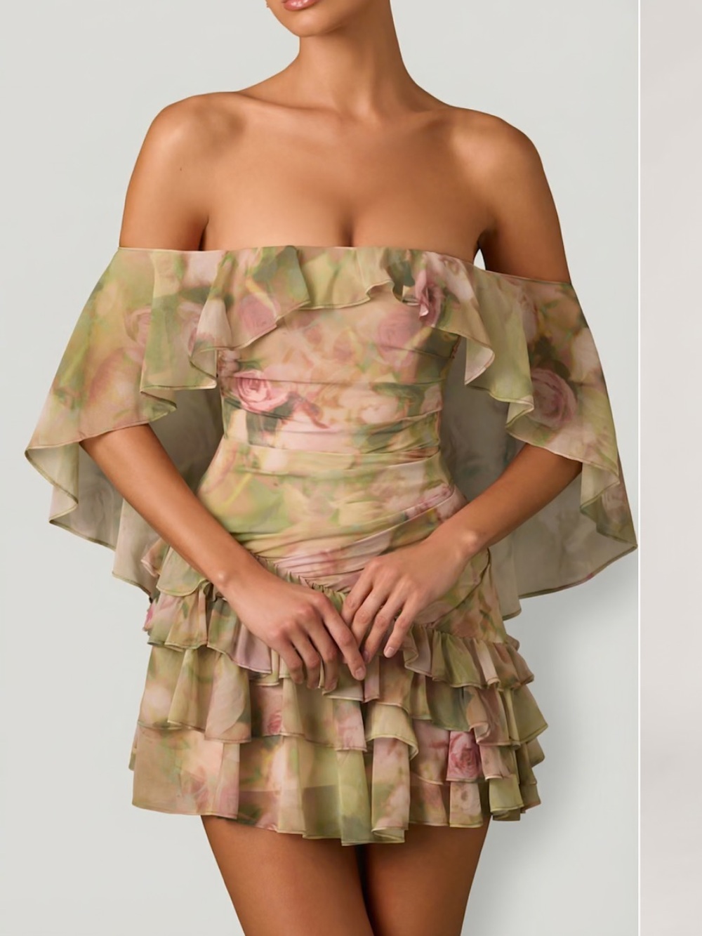 Oh Polly Floral Off-Shoulder Ruffle Mini Dress in Green and Pink - Picture 3 of 3